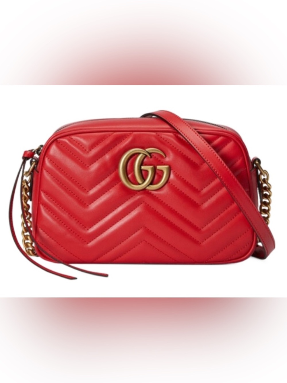 Gucci Red Chevron Quilted GG Marmont Camera Crossbody
